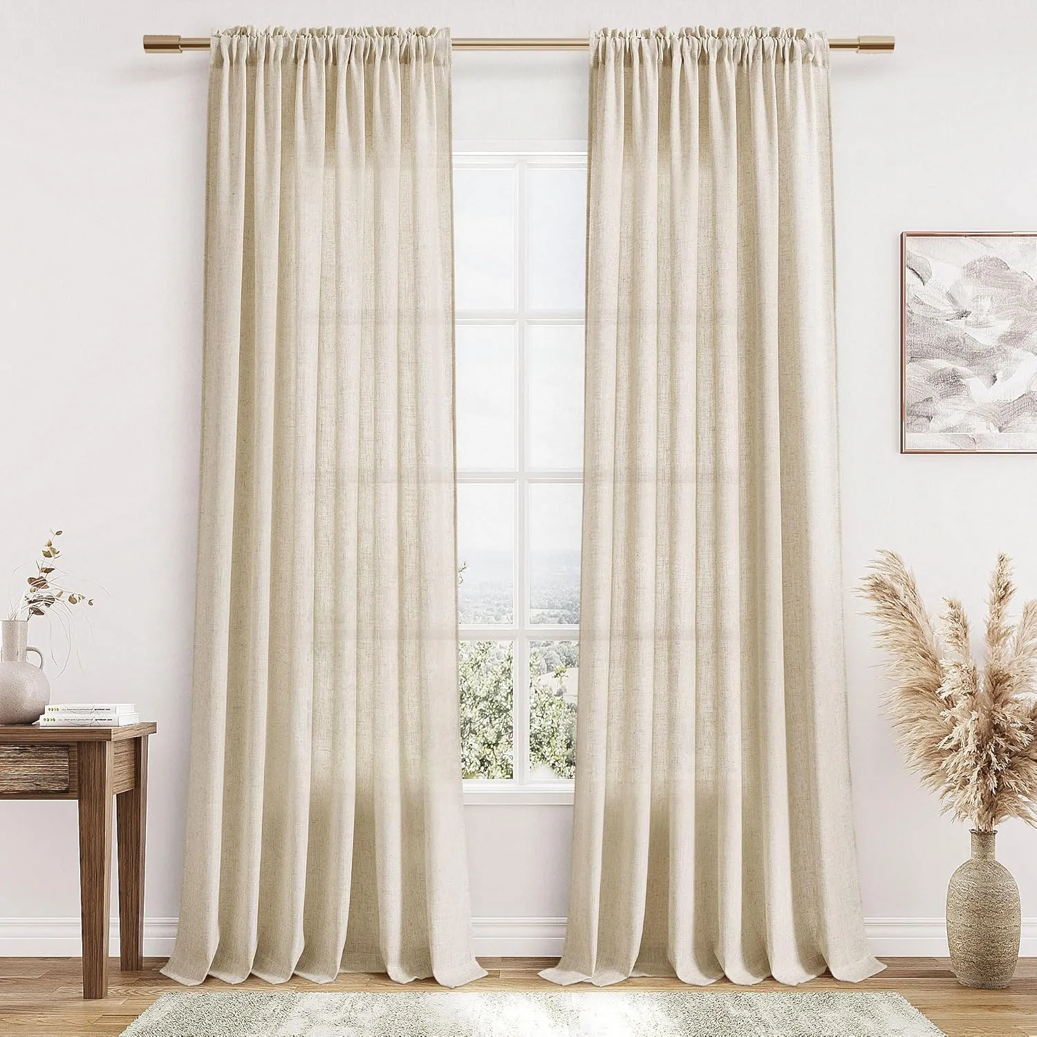 Guken Linen Curtains 84 Inch Length for Living Room Bedroom 2 Panels Set Rod Pocket Light Filtering Semi Sheer Window Curtains 52 Inch Width Boho Farmhouse Drapes Flax Beige Linen, W52xL84