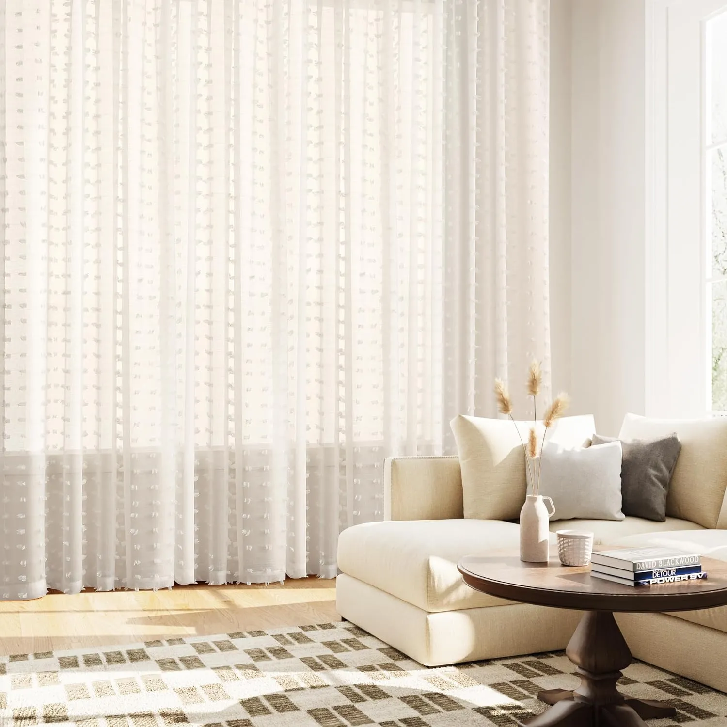Guken Sheer Curtains 45 Inch Length 2 Panels Sets for Living Room Bedroom 38 Inch Width Farmhouse Boho Drapes Light Filtering Pom Pom Curtains Tufted Semi Sheer Kids Rod Pocket,Nature,W38xL45