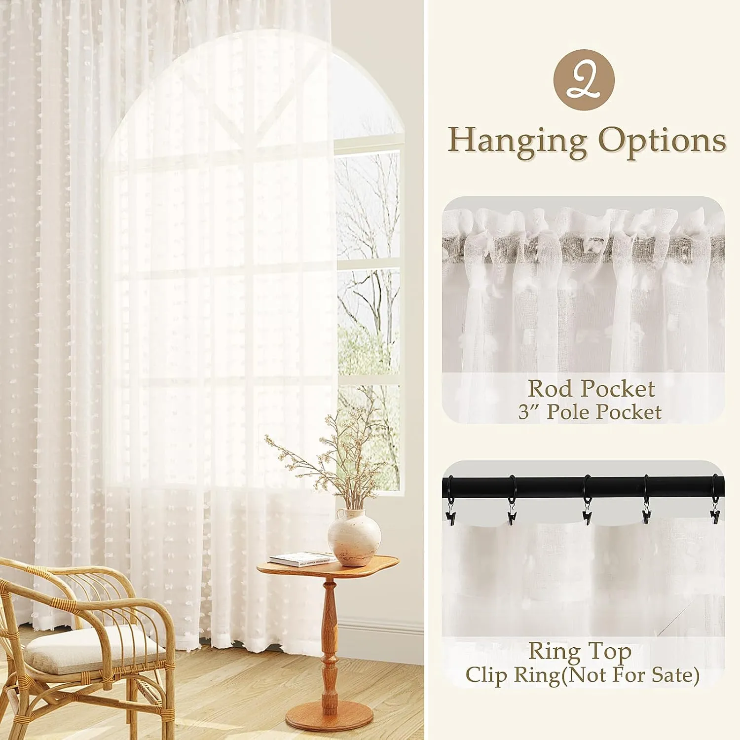 Guken Sheer Curtains 45 Inch Length 2 Panels Sets for Living Room Bedroom 38 Inch Width Farmhouse Boho Drapes Light Filtering Pom Pom Curtains Tufted Semi Sheer Kids Rod Pocket,Nature,W38xL45
