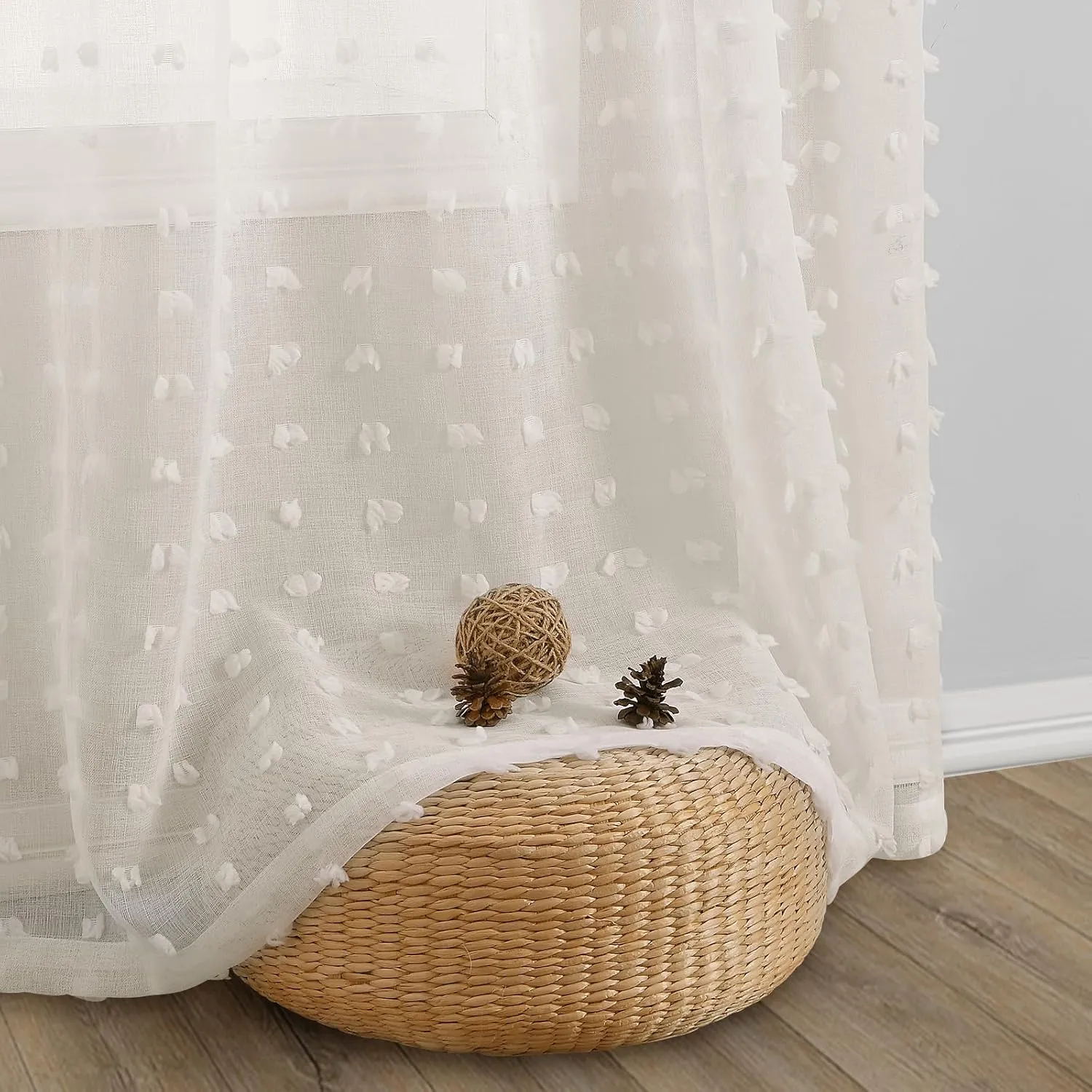 Guken Sheer Curtains 45 Inch Length 2 Panels Sets for Living Room Bedroom 38 Inch Width Farmhouse Boho Drapes Light Filtering Pom Pom Curtains Tufted Semi Sheer Kids Rod Pocket,Nature,W38xL45