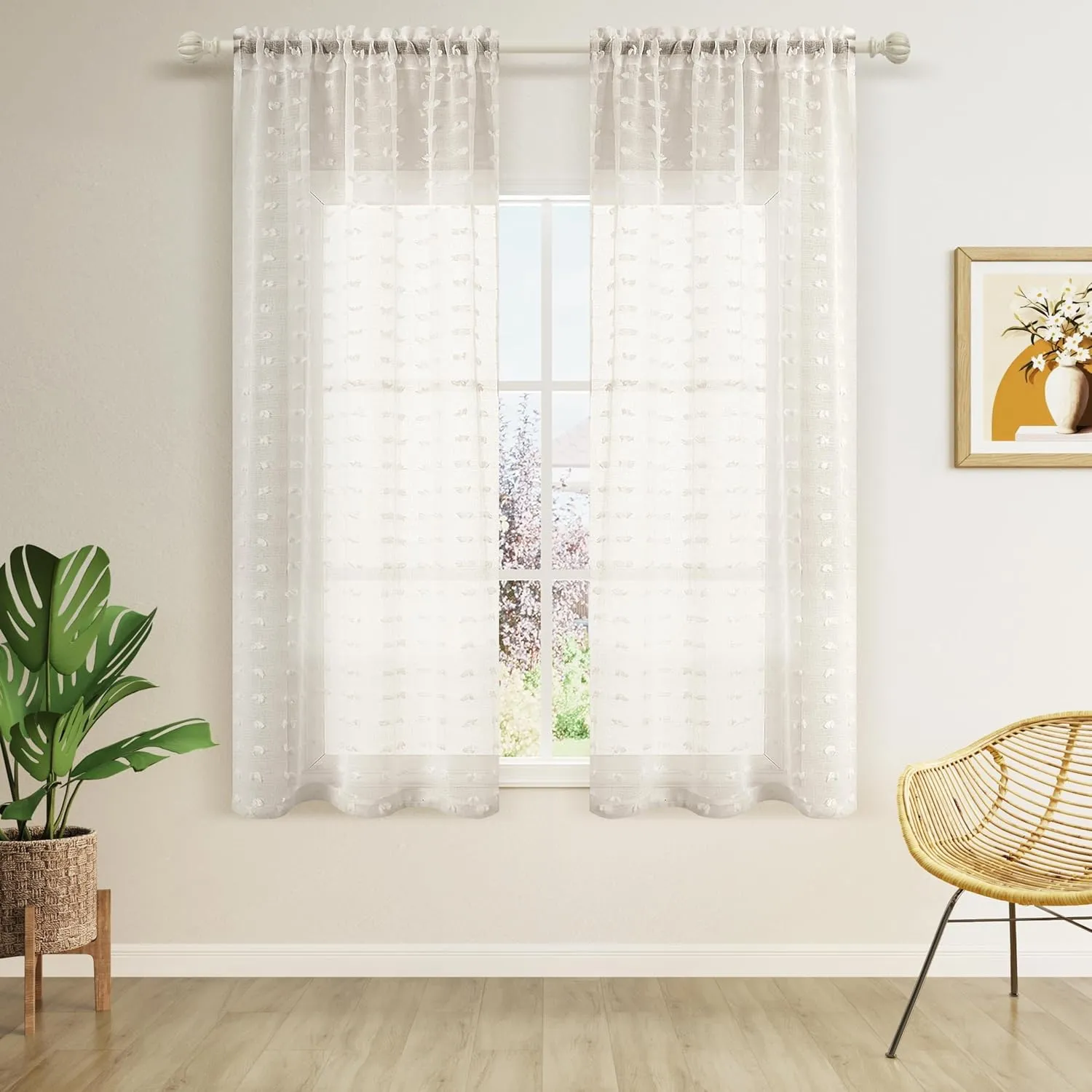Guken Sheer Curtains 45 Inch Length 2 Panels Sets for Living Room Bedroom 38 Inch Width Farmhouse Boho Drapes Light Filtering Pom Pom Curtains Tufted Semi Sheer Kids Rod Pocket,Nature,W38xL45