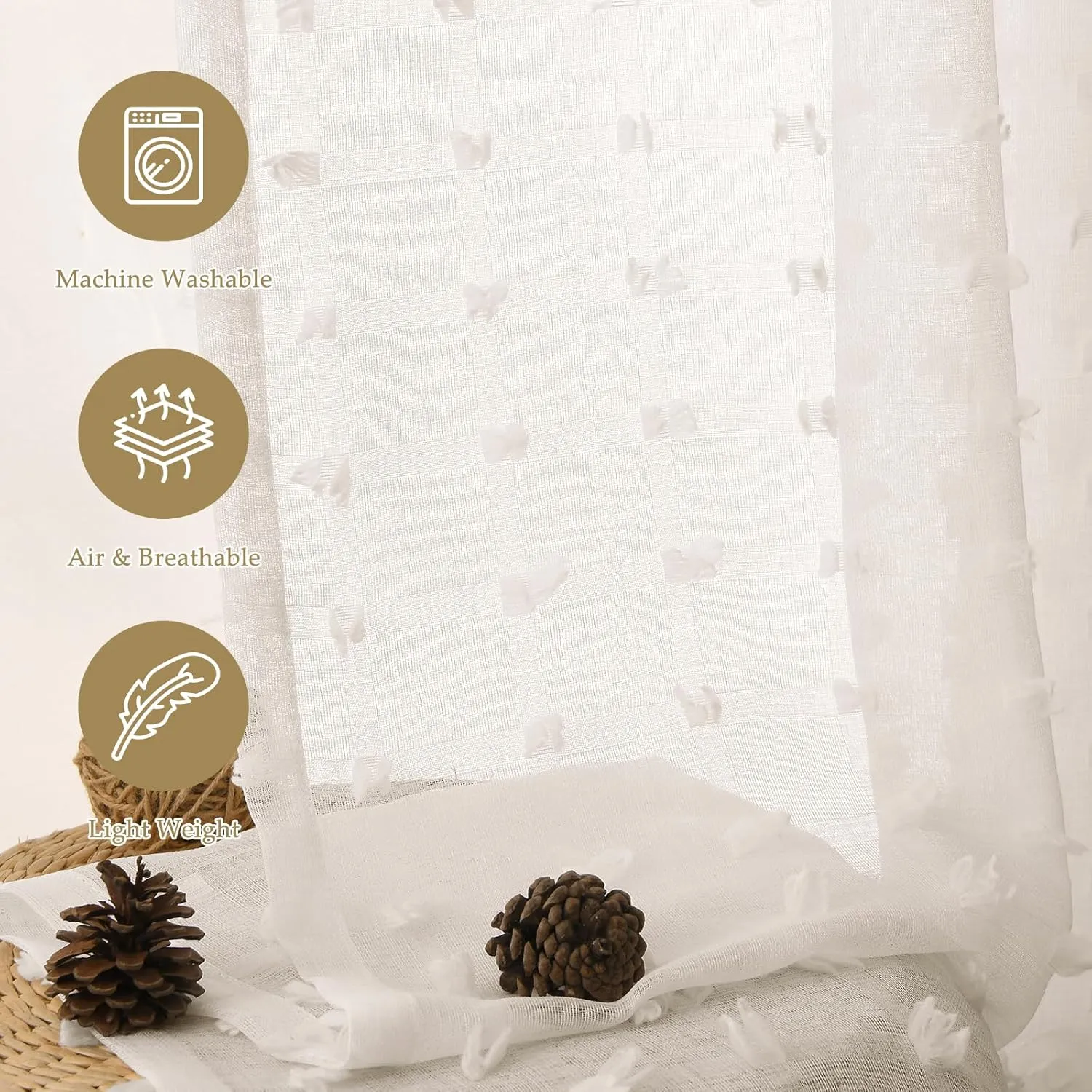 Guken Sheer Curtains 45 Inch Length 2 Panels Sets for Living Room Bedroom 38 Inch Width Farmhouse Boho Drapes Light Filtering Pom Pom Curtains Tufted Semi Sheer Kids Rod Pocket,Nature,W38xL45