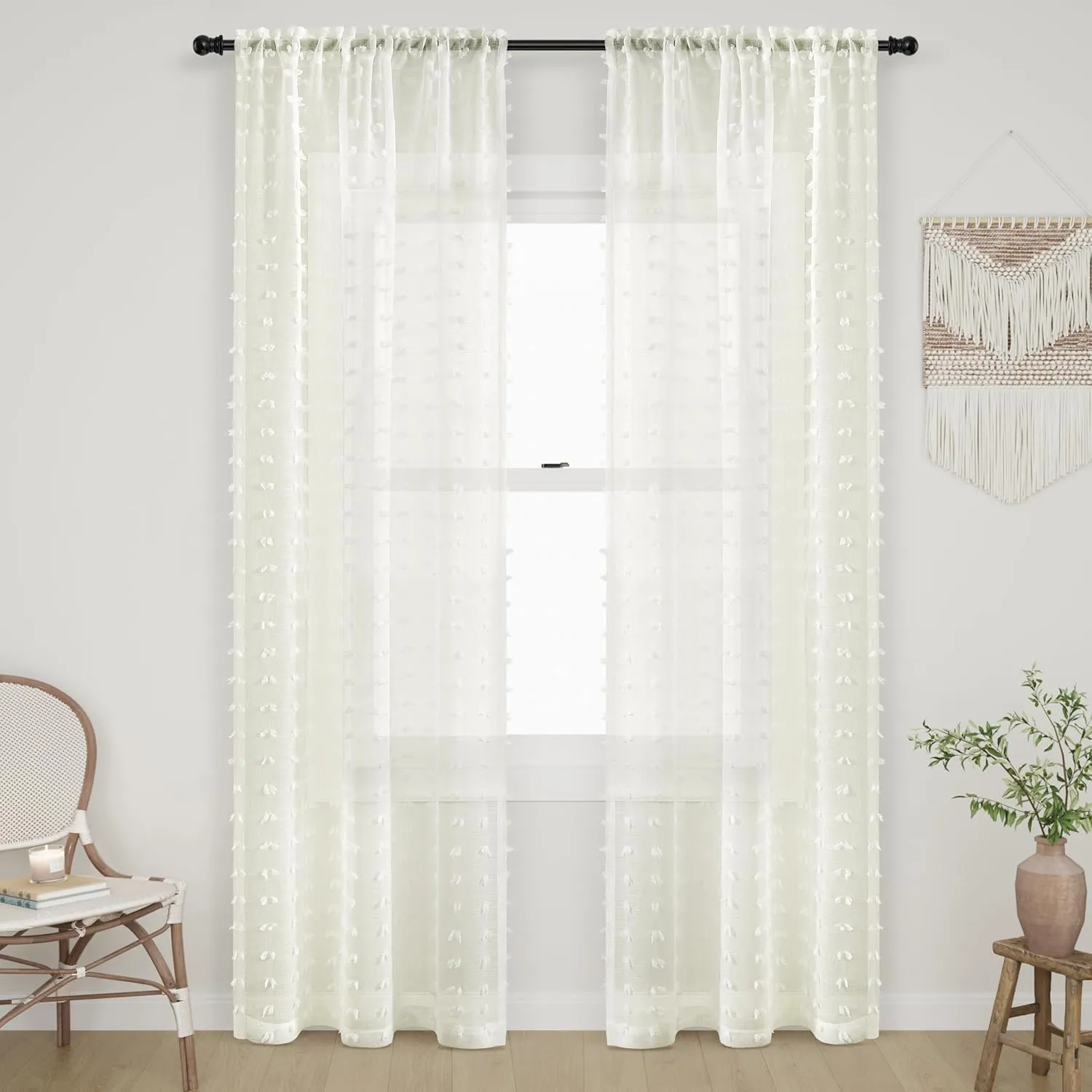 Guken Sheer Curtains 84 Inch Length 2 Panels Sets for Living Room Bedroom 38 Inch Width Farmhouse Boho Drapes Light Filtering Pom Pom Curtains Tufted Semi Sheer Kids Rod Pocket,Cream,W38xL84