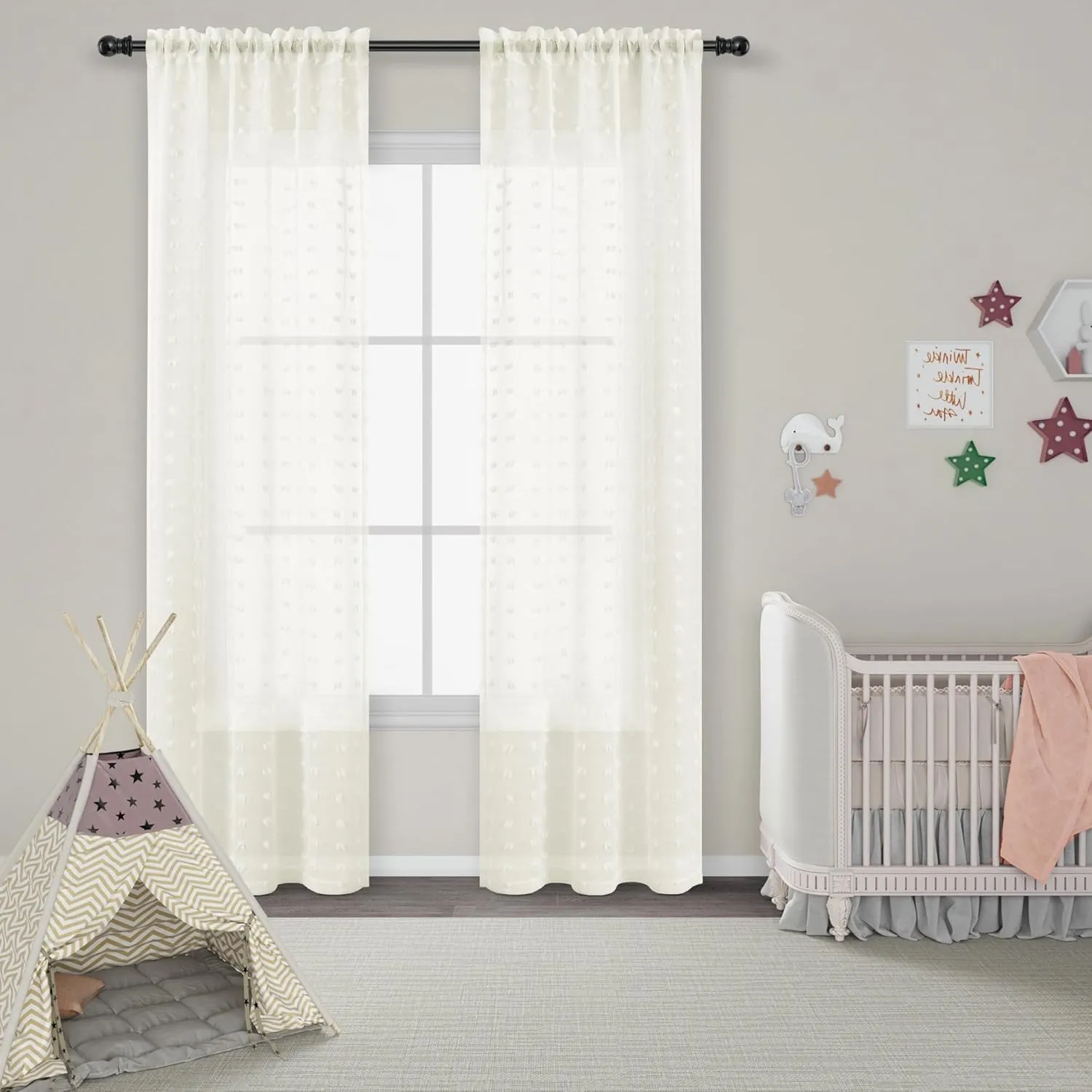 Guken Sheer Curtains 84 Inch Length 2 Panels Sets for Living Room Bedroom 38 Inch Width Farmhouse Boho Drapes Light Filtering Pom Pom Curtains Tufted Semi Sheer Kids Rod Pocket,Cream,W38xL84