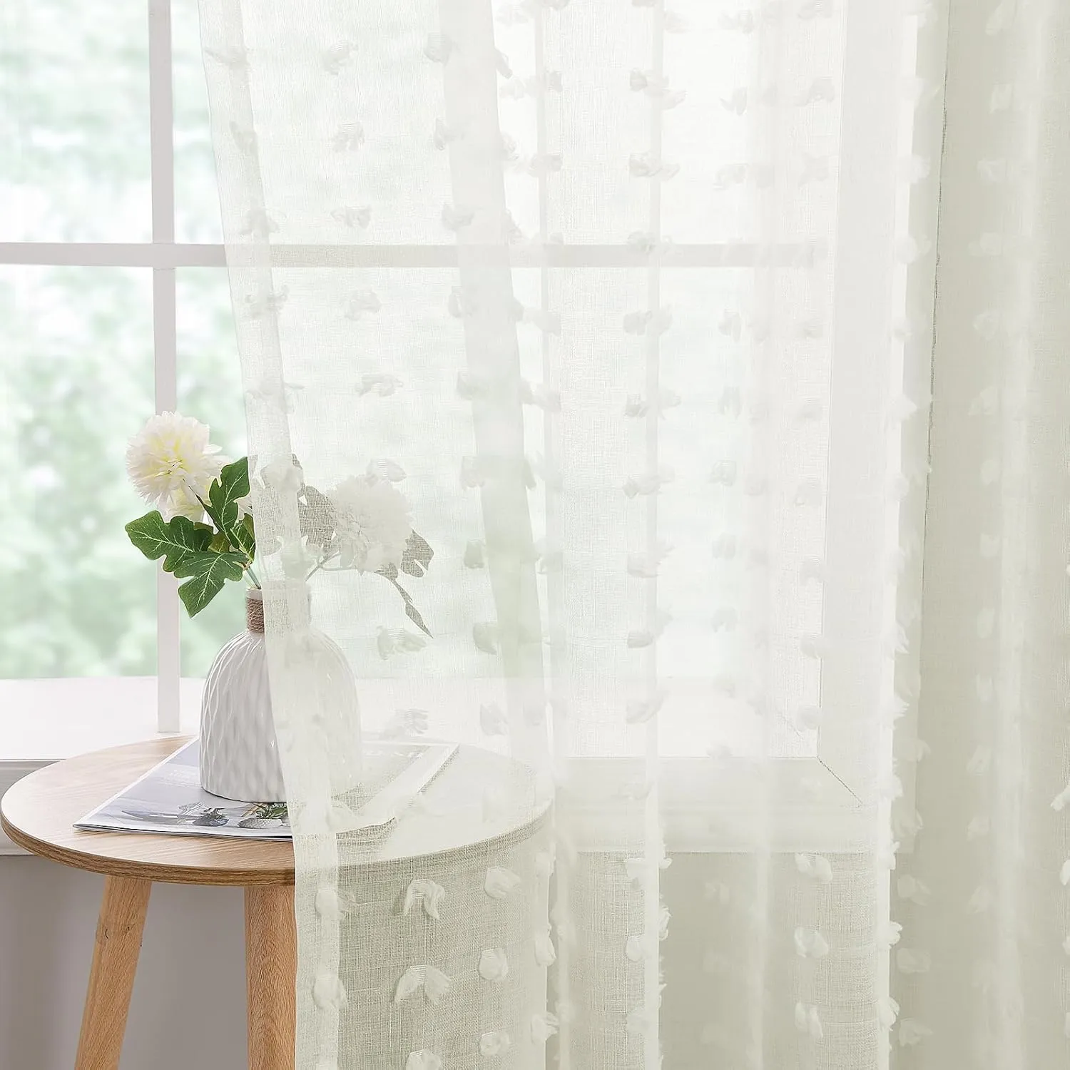 Guken Sheer Curtains 84 Inch Length 2 Panels Sets for Living Room Bedroom 38 Inch Width Farmhouse Boho Drapes Light Filtering Pom Pom Curtains Tufted Semi Sheer Kids Rod Pocket,Cream,W38xL84