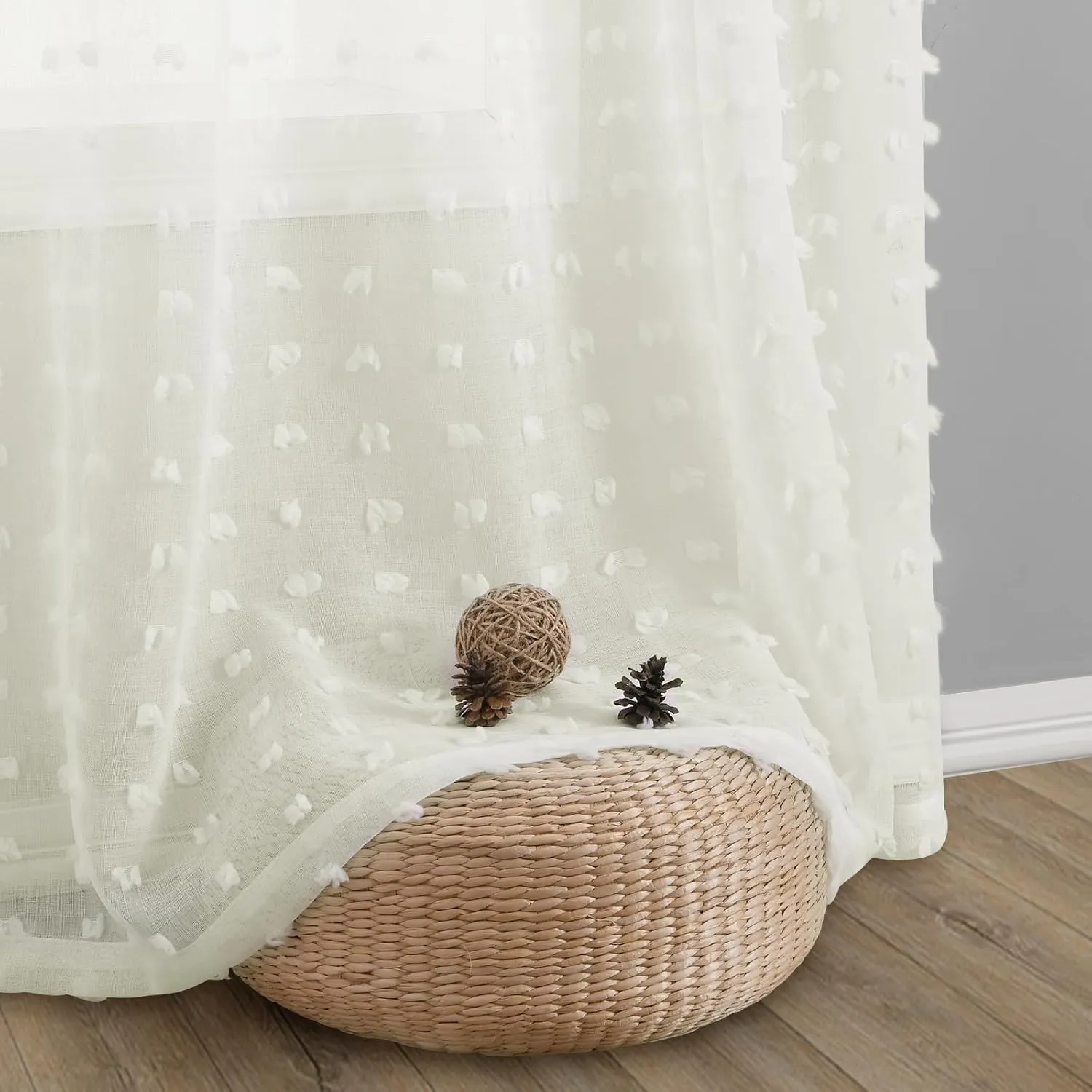 Guken Sheer Curtains 84 Inch Length 2 Panels Sets for Living Room Bedroom 38 Inch Width Farmhouse Boho Drapes Light Filtering Pom Pom Curtains Tufted Semi Sheer Kids Rod Pocket,Cream,W38xL84