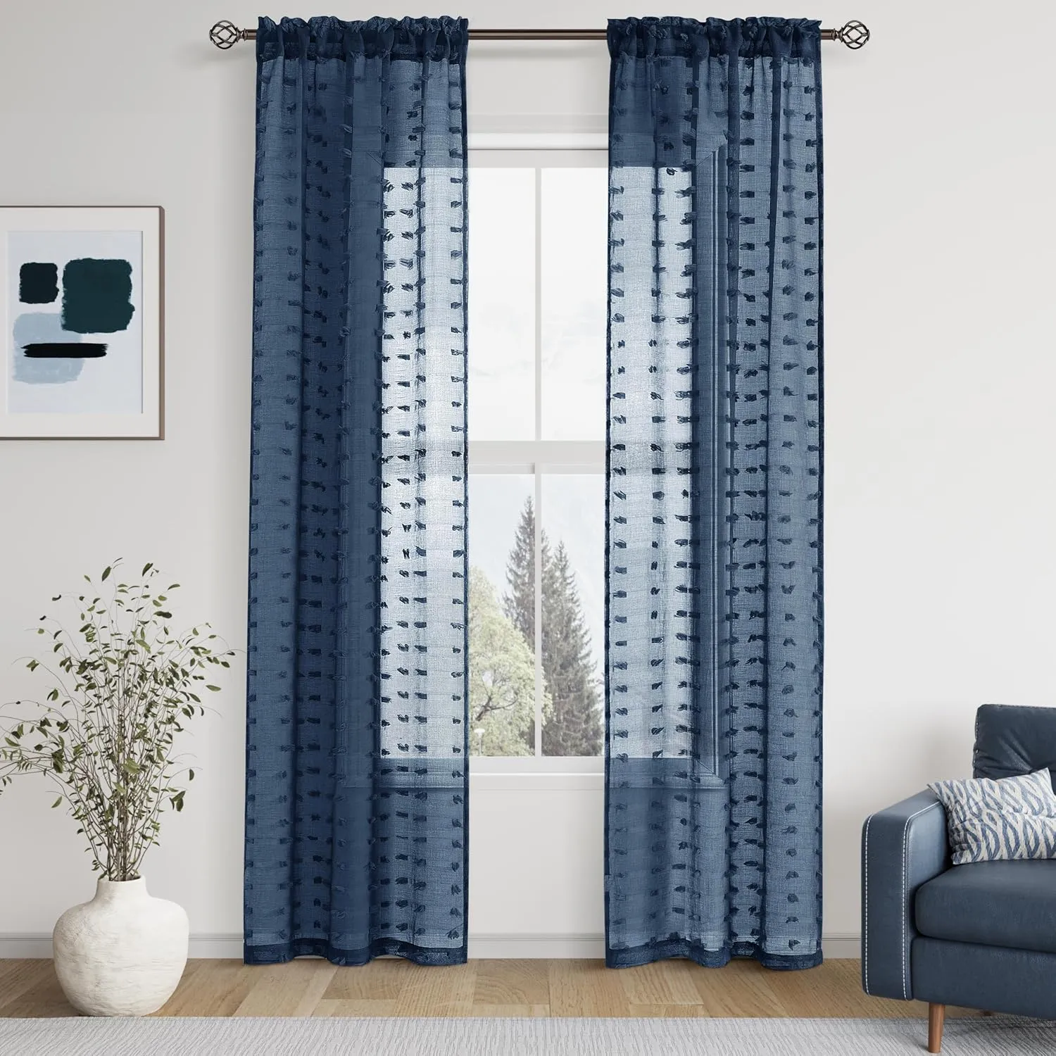 Guken Sheer Curtains 84 Inch Length 2 Panels Sets for Living Room Bedroom 38 Inch Width Farmhouse Boho Drapes Light Filtering Pom Pom Curtains Tufted Semi Sheer Kids Rod Pocket,Navy Blue,W38xL84