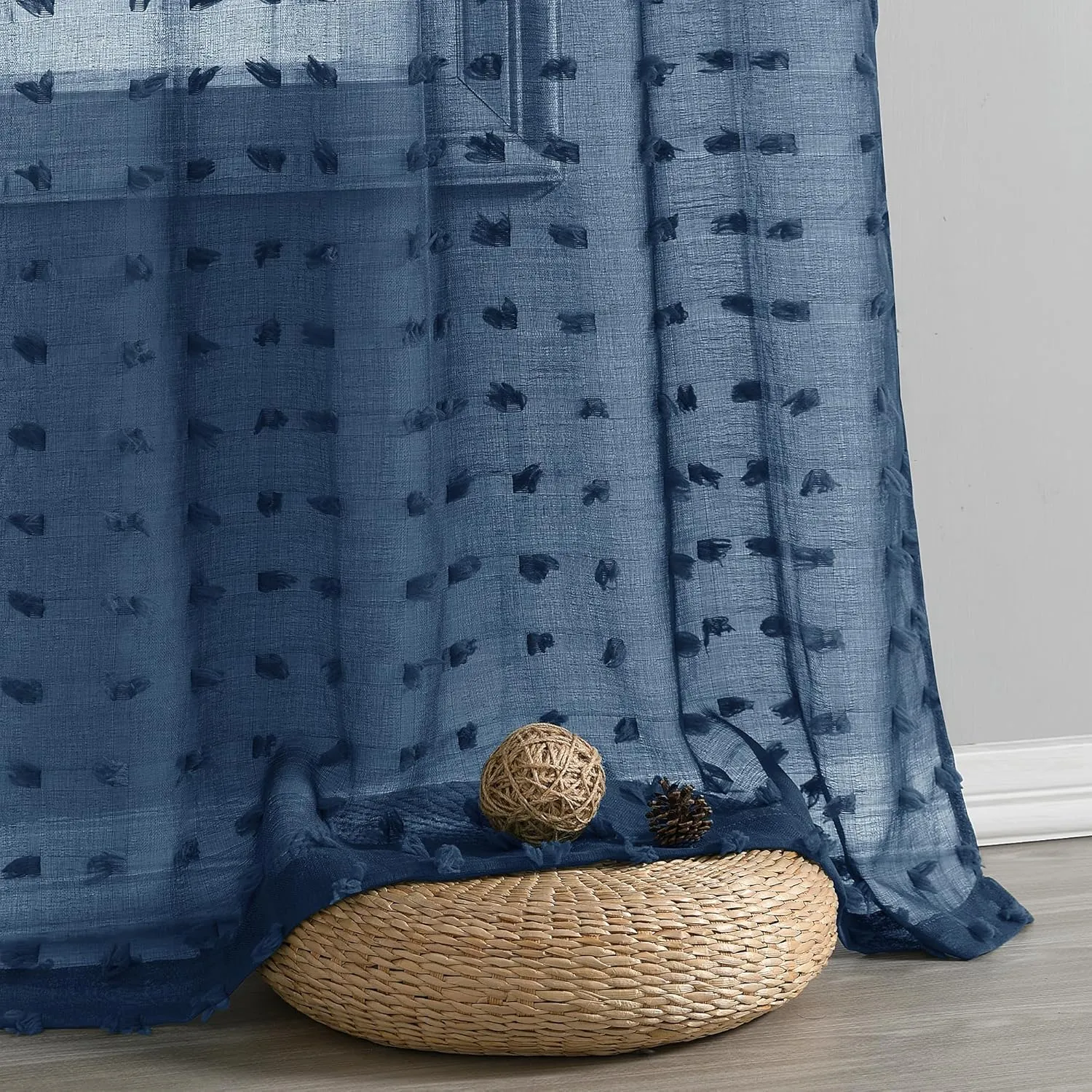 Guken Sheer Curtains 84 Inch Length 2 Panels Sets for Living Room Bedroom 38 Inch Width Farmhouse Boho Drapes Light Filtering Pom Pom Curtains Tufted Semi Sheer Kids Rod Pocket,Navy Blue,W38xL84