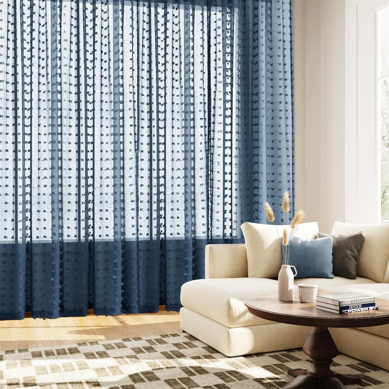 Guken Sheer Curtains 84 Inch Length 2 Panels Sets for Living Room Bedroom 38 Inch Width Farmhouse Boho Drapes Light Filtering Pom Pom Curtains Tufted Semi Sheer Kids Rod Pocket,Navy Blue,W38xL84