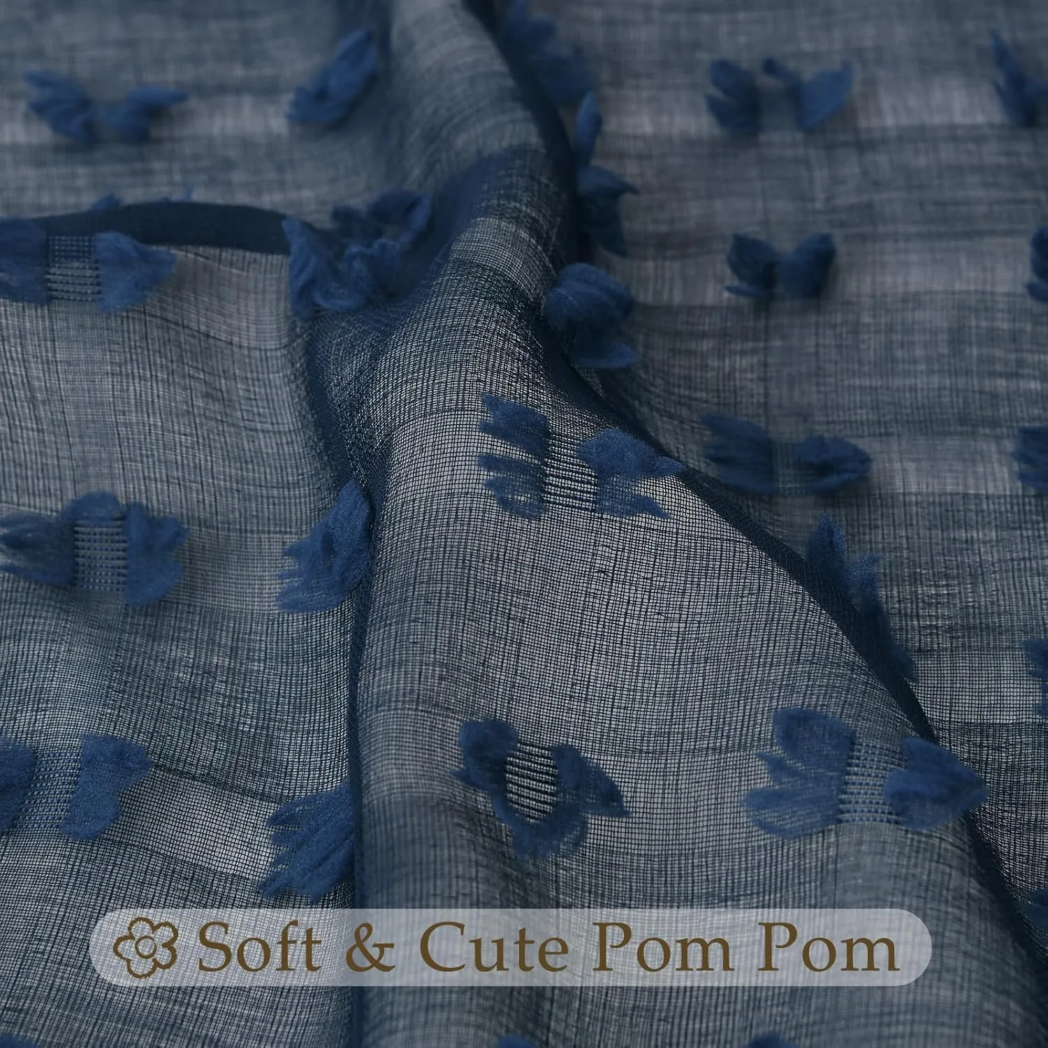 Guken Sheer Curtains 84 Inch Length 2 Panels Sets for Living Room Bedroom 38 Inch Width Farmhouse Boho Drapes Light Filtering Pom Pom Curtains Tufted Semi Sheer Kids Rod Pocket,Navy Blue,W38xL84
