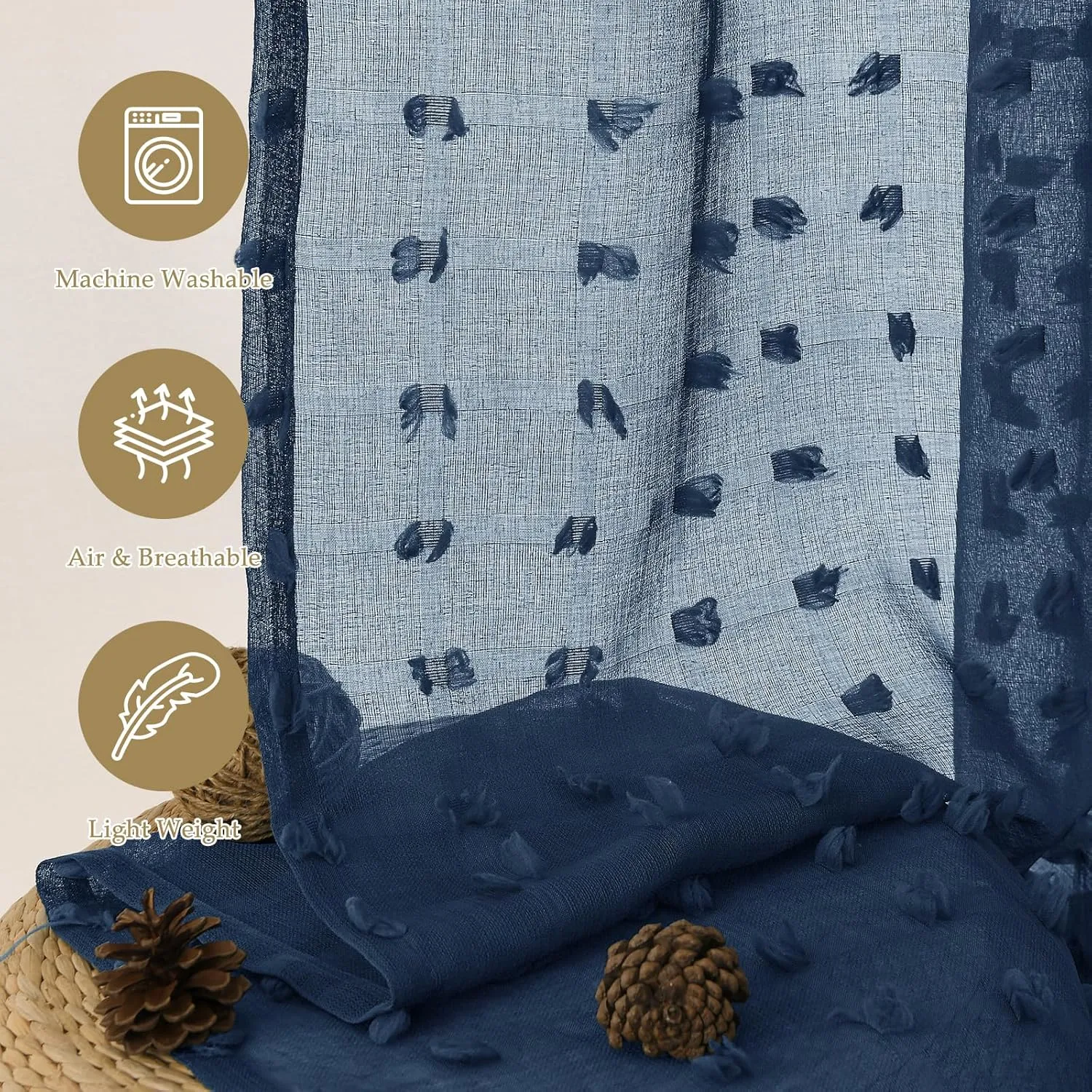 Guken Sheer Curtains 84 Inch Length 2 Panels Sets for Living Room Bedroom 38 Inch Width Farmhouse Boho Drapes Light Filtering Pom Pom Curtains Tufted Semi Sheer Kids Rod Pocket,Navy Blue,W38xL84