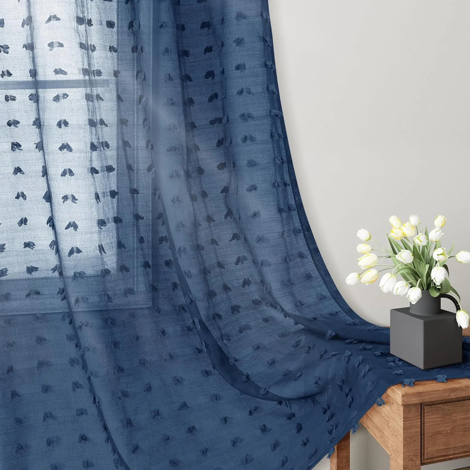 Guken Sheer Curtains 84 Inch Length 2 Panels Sets for Living Room Bedroom 38 Inch Width Farmhouse Boho Drapes Light Filtering Pom Pom Curtains Tufted Semi Sheer Kids Rod Pocket,Navy Blue,W38xL84