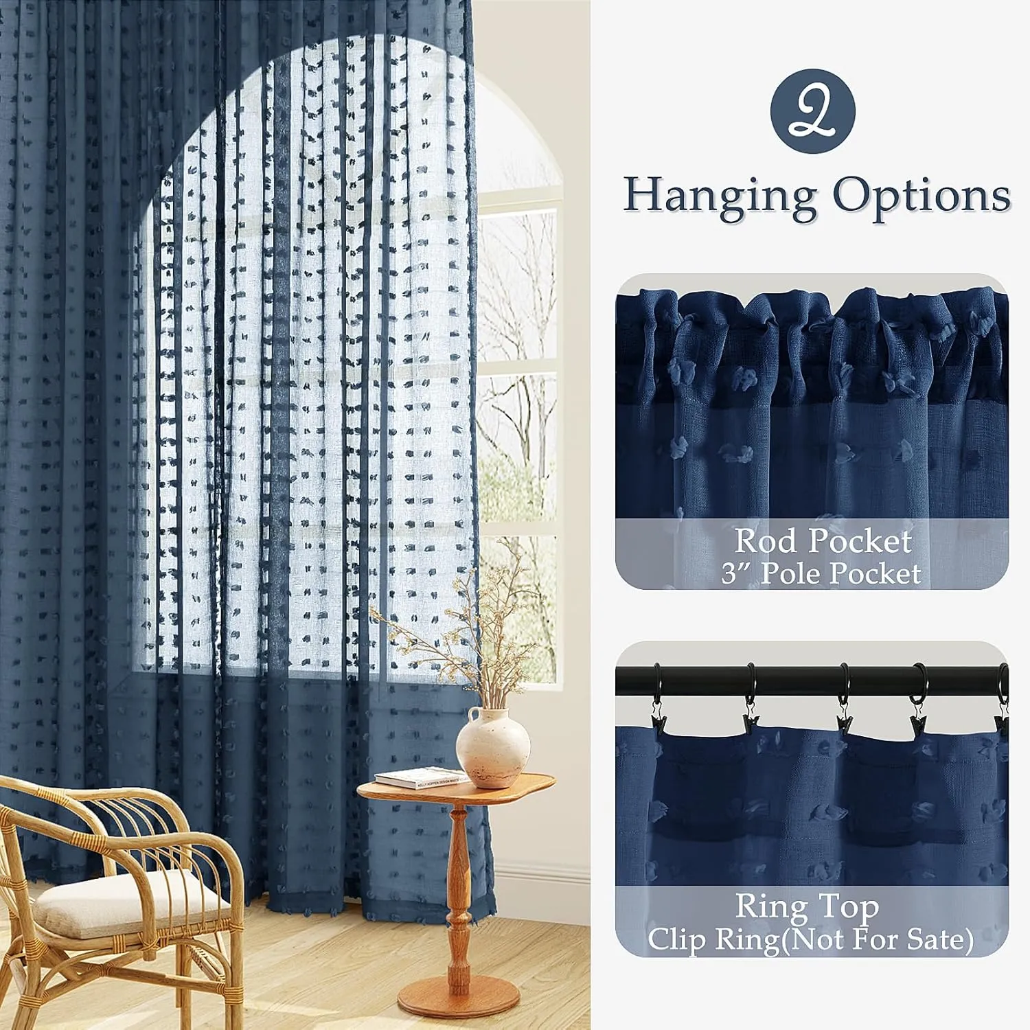 Guken Sheer Curtains 84 Inch Length 2 Panels Sets for Living Room Bedroom 38 Inch Width Farmhouse Boho Drapes Light Filtering Pom Pom Curtains Tufted Semi Sheer Kids Rod Pocket,Navy Blue,W38xL84