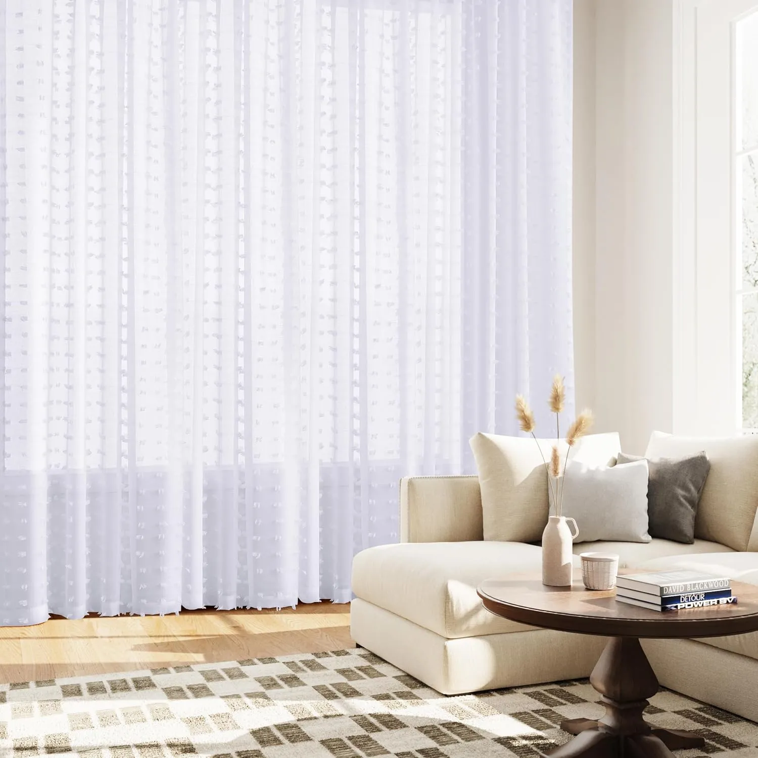 Guken White Sheer Curtains 24 Inch Length 2 Panels Sets for Living Room Bedroom 30 Inch Width Farmhouse Boho Drapes Light Filtering Pom Pom Curtains Tufted Semi Sheer Kids Rod Pocket,W30xL24