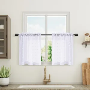 Guken White Sheer Curtains 24 Inch Length 2 Panels Sets for Living Room Bedroom 30 Inch Width Farmhouse Boho Drapes Light Filtering Pom Pom Curtains Tufted Semi Sheer Kids Rod Pocket,W30xL24