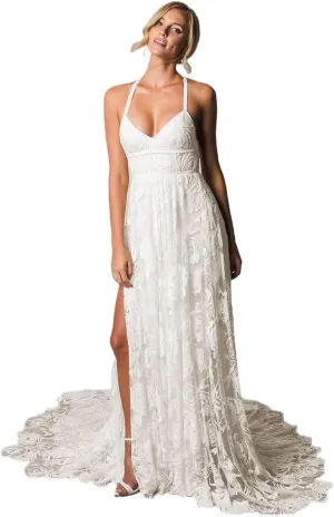 Guramisi Spaghetti Straps Boho Wedding Dresses for Bride 2024 Laces Applique Beach A Line Bridal Gowns for Wedding