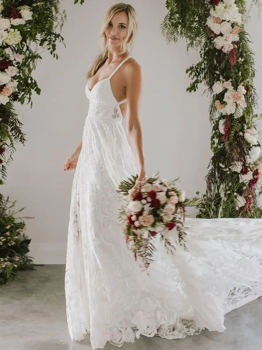 Guramisi Spaghetti Straps Boho Wedding Dresses for Bride 2024 Laces Applique Beach A Line Bridal Gowns for Wedding