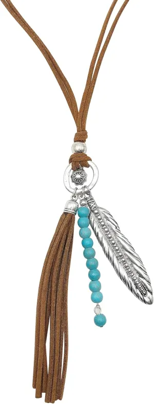Gypsy Jewels Long Faux Brown Suede Tassel Fringe Simulated Turquoise Stone Western Style Unique Necklace