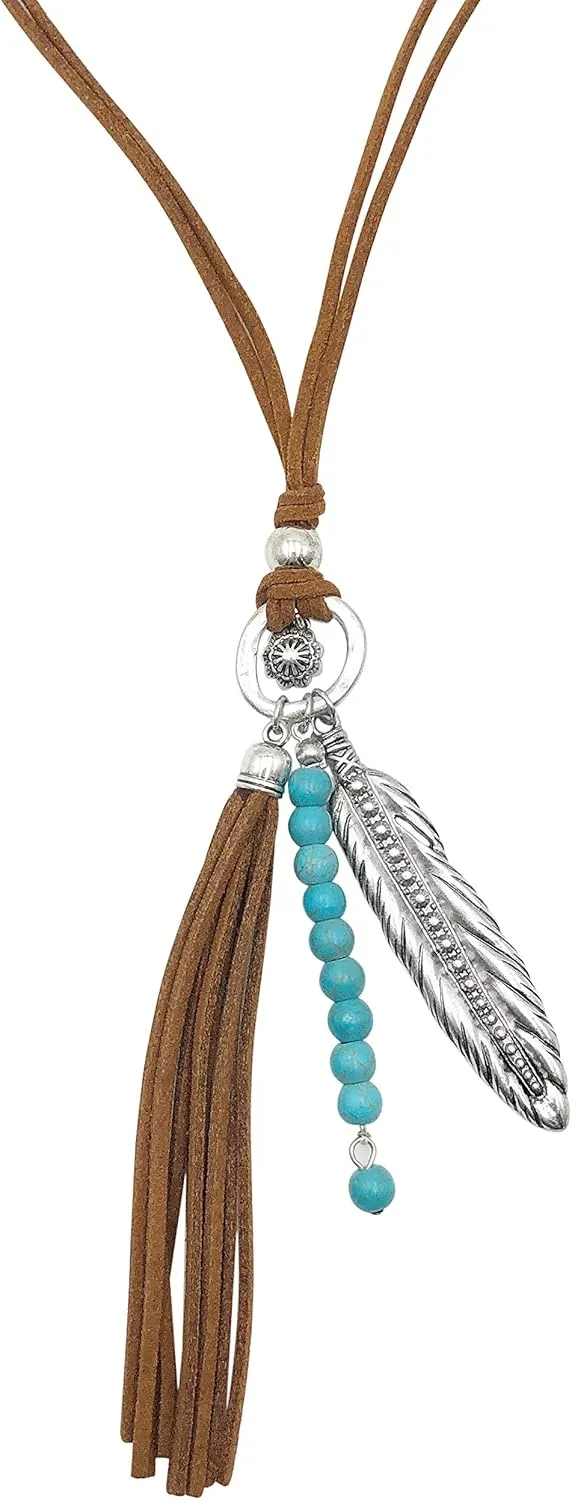 Gypsy Jewels Long Faux Brown Suede Tassel Fringe Simulated Turquoise Stone Western Style Unique Necklace