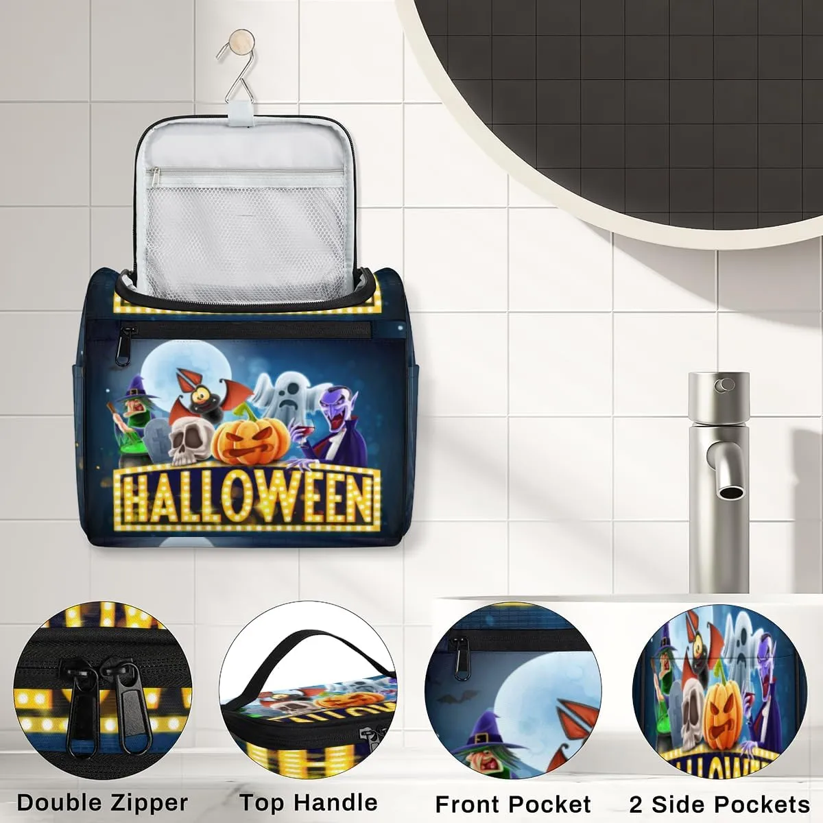 Halloween Topic Hanging Toiletry Bag for Men Women Travel Cosmetic Makeup Organizer Bag Water Resistant Large Portable Wash Case for Accessories, Toiletries, Cosmetics