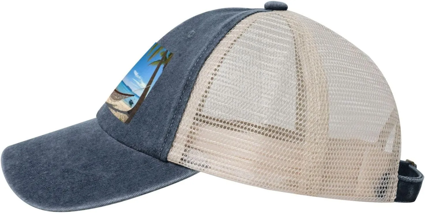 Hammock Hanging from Palm Trees Printed Cowboy Mesh Baseball Cap — Adjustable mesh