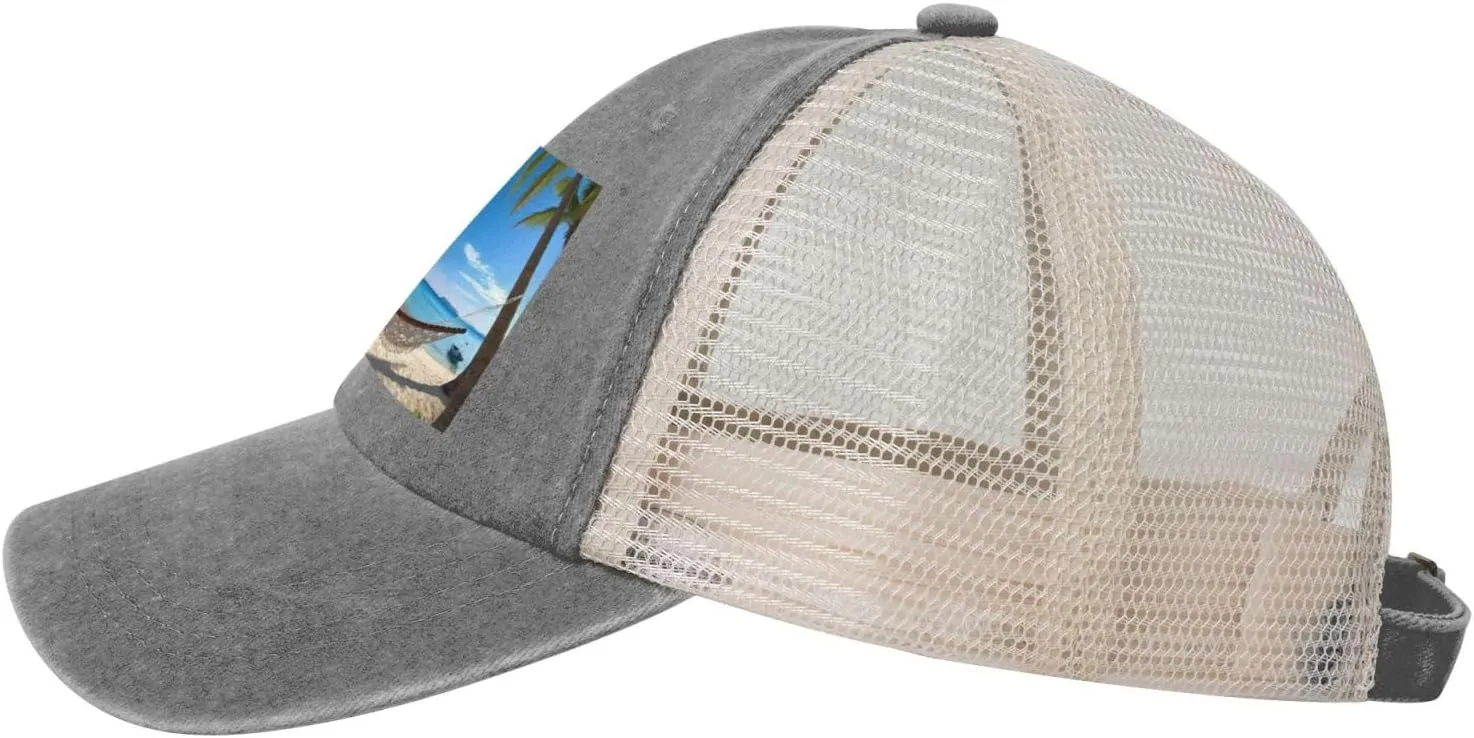 Hammock Hanging from Palm Trees Printed Cowboy Mesh Baseball Cap — Adjustable mesh