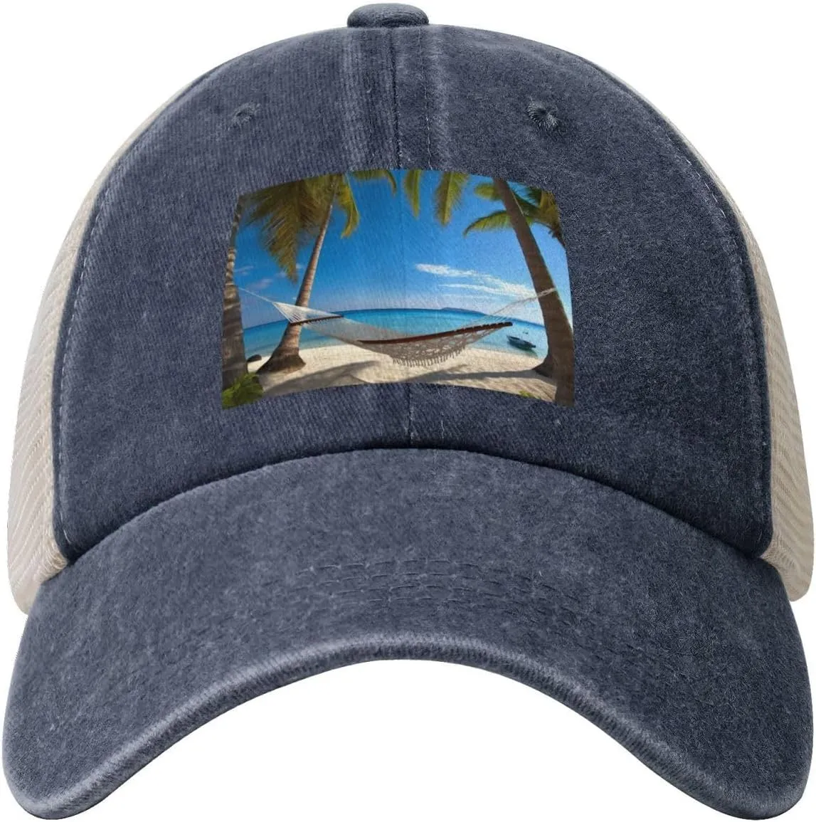 Hammock Hanging from Palm Trees Printed Cowboy Mesh Baseball Cap — Adjustable mesh