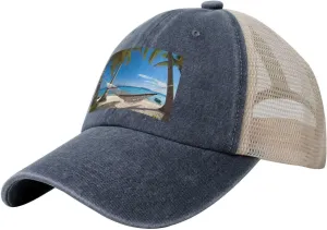 Hammock Hanging from Palm Trees Printed Cowboy Mesh Baseball Cap — Adjustable mesh