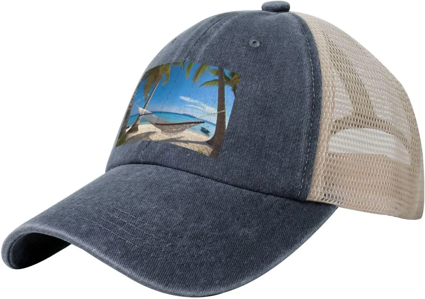 Hammock Hanging from Palm Trees Printed Cowboy Mesh Baseball Cap — Adjustable mesh
