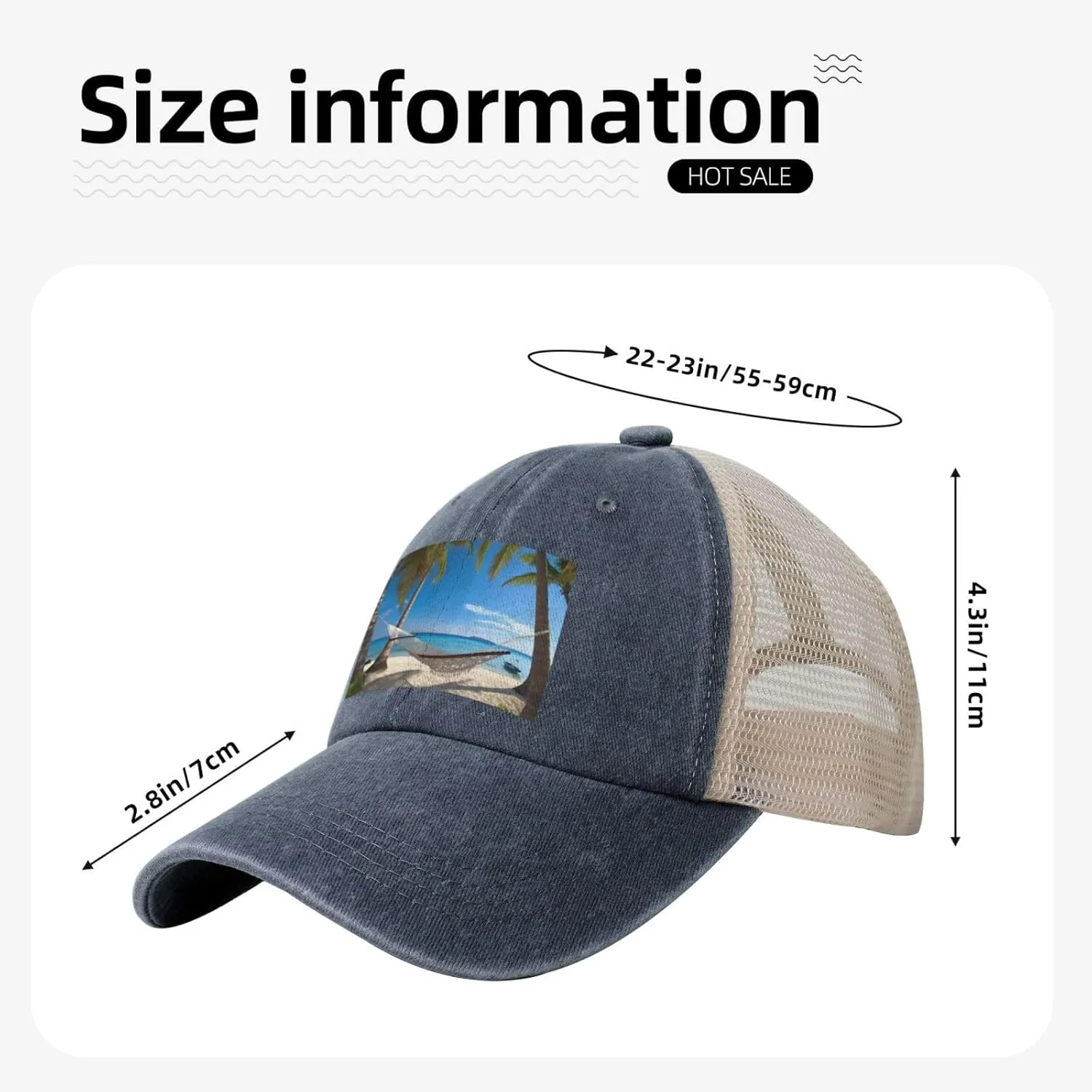 Hammock Hanging from Palm Trees Printed Cowboy Mesh Baseball Cap — Adjustable mesh