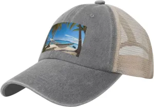 Hammock Hanging from Palm Trees Printed Cowboy Mesh Baseball Cap — Adjustable mesh