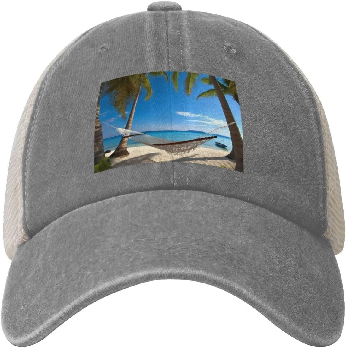 Hammock Hanging from Palm Trees Printed Cowboy Mesh Baseball Cap — Adjustable mesh