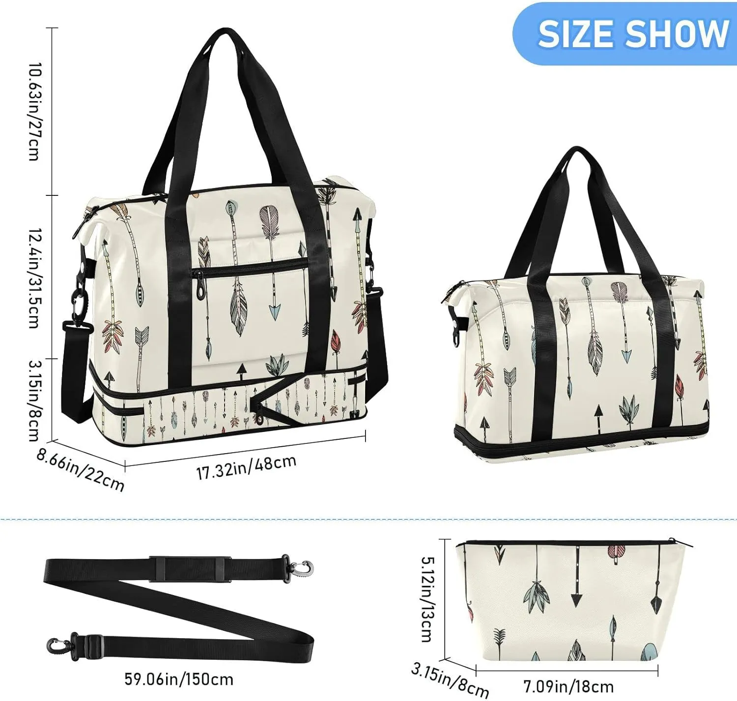 Hand Drawn Ethnic Tribal Arrows Seamless Patten on Cream Gym Duffel Bag, Polyester Travel Weekender Luggage Handbag with Waterproof Pocket for Wet Items, Unisex Foldable Tote for Sports