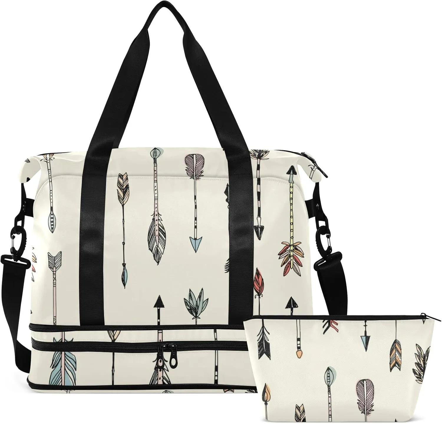 Hand Drawn Ethnic Tribal Arrows Seamless Patten on Cream Gym Duffel Bag, Polyester Travel Weekender Luggage Handbag with Waterproof Pocket for Wet Items, Unisex Foldable Tote for Sports