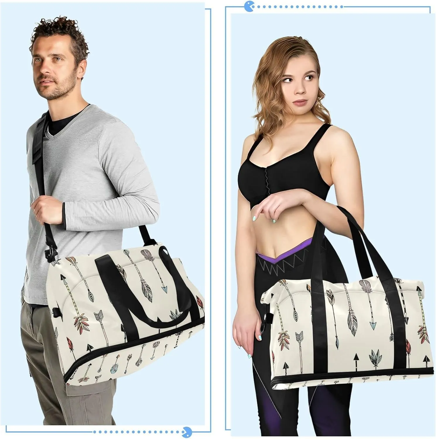 Hand Drawn Ethnic Tribal Arrows Seamless Patten on Cream Gym Duffel Bag, Polyester Travel Weekender Luggage Handbag with Waterproof Pocket for Wet Items, Unisex Foldable Tote for Sports
