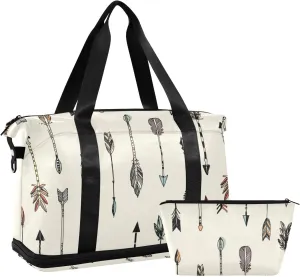 Hand Drawn Ethnic Tribal Arrows Seamless Patten on Cream Gym Duffel Bag, Polyester Travel Weekender Luggage Handbag with Waterproof Pocket for Wet Items, Unisex Foldable Tote for Sports
