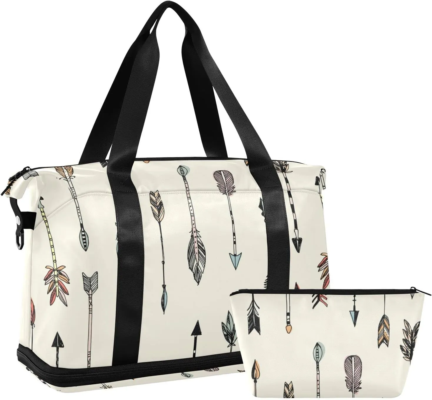 Hand Drawn Ethnic Tribal Arrows Seamless Patten on Cream Gym Duffel Bag, Polyester Travel Weekender Luggage Handbag with Waterproof Pocket for Wet Items, Unisex Foldable Tote for Sports