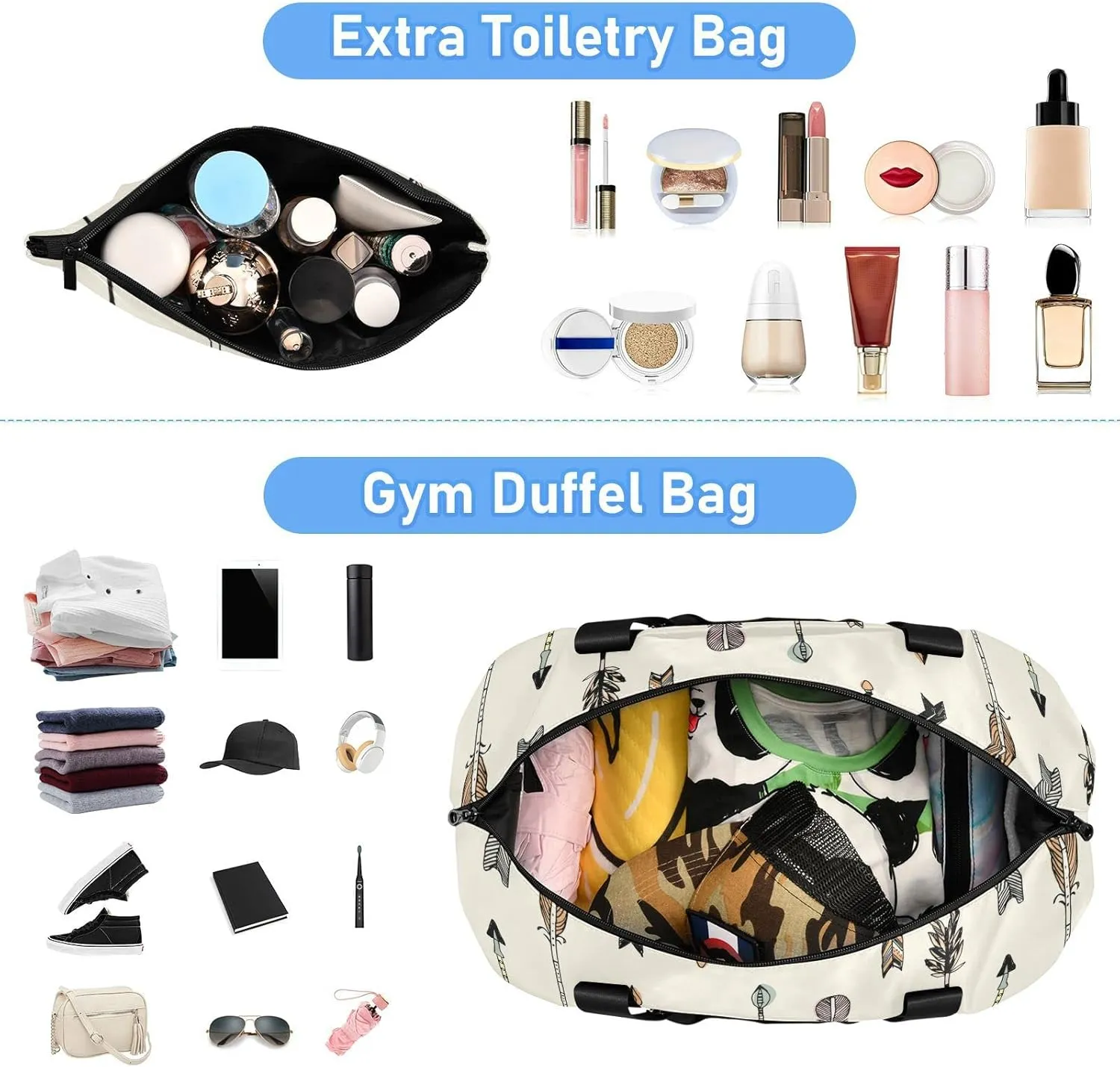 Hand Drawn Ethnic Tribal Arrows Seamless Patten on Cream Gym Duffel Bag, Polyester Travel Weekender Luggage Handbag with Waterproof Pocket for Wet Items, Unisex Foldable Tote for Sports