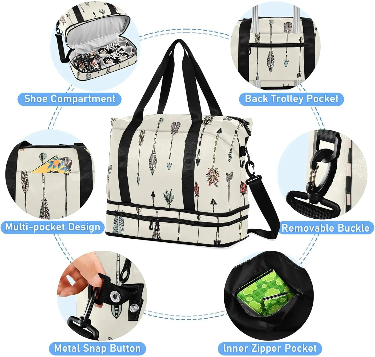 Hand Drawn Ethnic Tribal Arrows Seamless Patten on Cream Gym Duffel Bag, Polyester Travel Weekender Luggage Handbag with Waterproof Pocket for Wet Items, Unisex Foldable Tote for Sports
