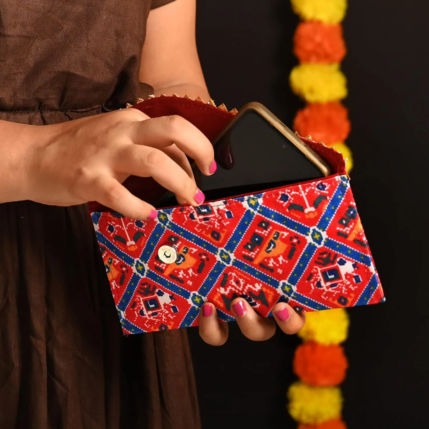 Handmade Batawa Clutch Fabric Envelope Bag Money Cash Envelopes Traditional Shagun Lifafa Return Gift Card Wedding Favors Special Occasion and Gifting (Blue and Red - 8"x4")