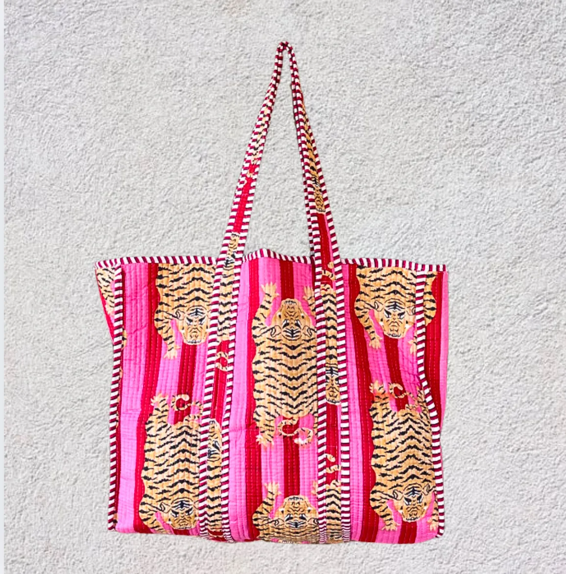Handmade Boho Cotton Pink Stripe Tiger Quilted Bags Beach Tote Bag