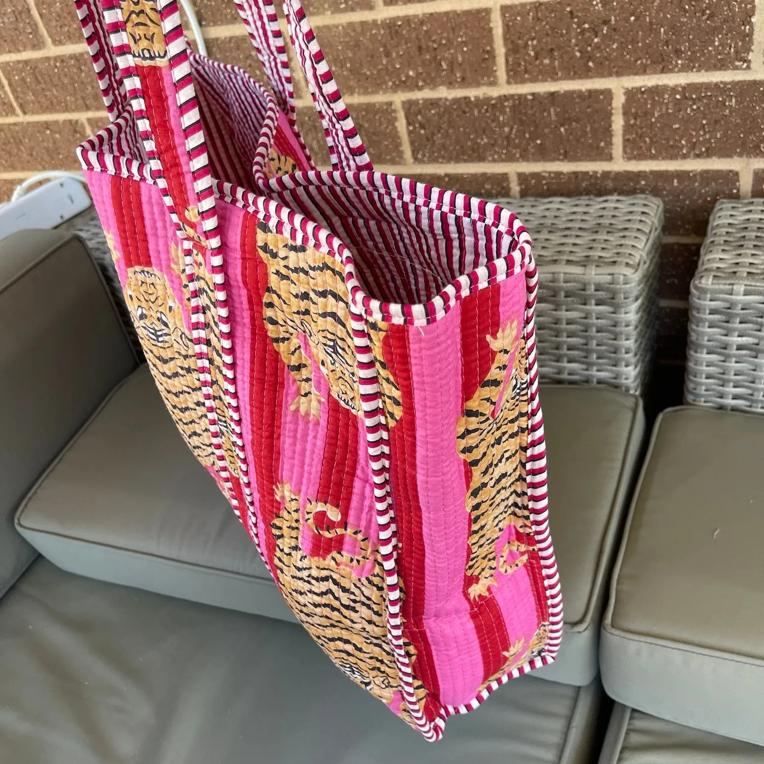 Handmade Boho Cotton Pink Stripe Tiger Quilted Bags Beach Tote Bag