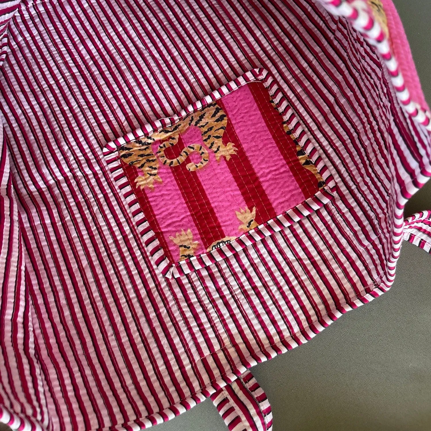 Handmade Boho Cotton Pink Stripe Tiger Quilted Bags Beach Tote Bag