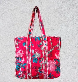 Handmade Boho Cotton Red Floral Quilted Bags Beach Tote Bag