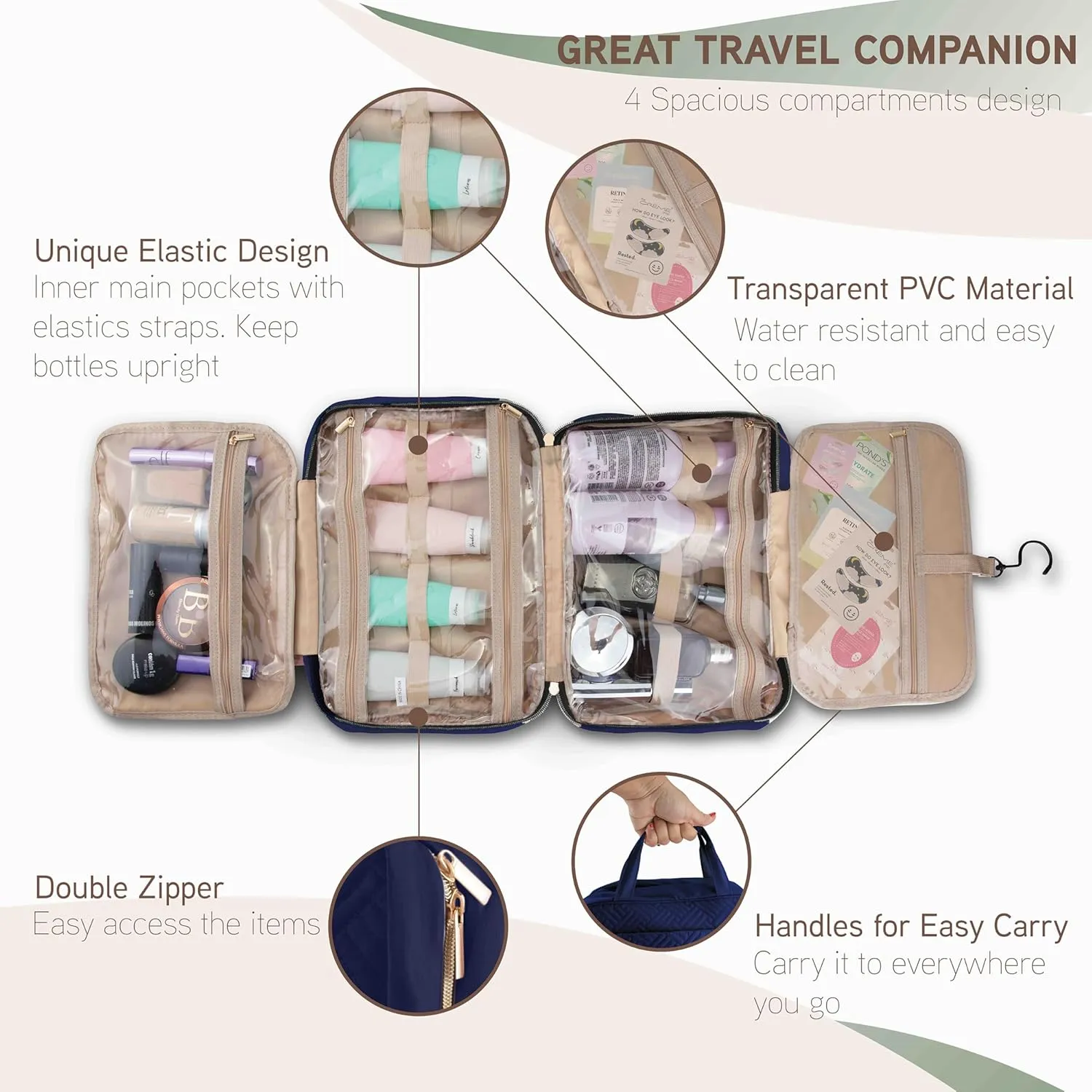 Hanging Toiletry Bag for Travel, Large Capacity Organizer with 4 Compartments and 1 Swivel Hook, Water resistant, Perfect for Toiletries, Cosmetics/Daily Use/Ideal as Gift (Navy Blue)