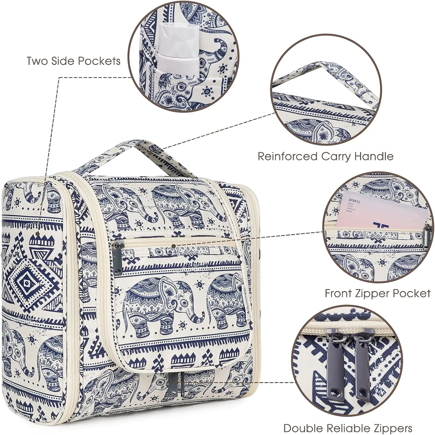 Hanging Toiletry Bag for Women Travel Makeup Bag Organizer Toiletries Bag for Cosmetics Essentials Accessories (Large, Elephant)