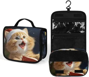 Hanging Toiletry Bag,Cute Cat Sing Christmas Carols Full Print Wash Bag,makeup Travel Bag,Hanging Hook Multifunction Cosmetic Bag for Women And Men, 22.5x18.5cm, style