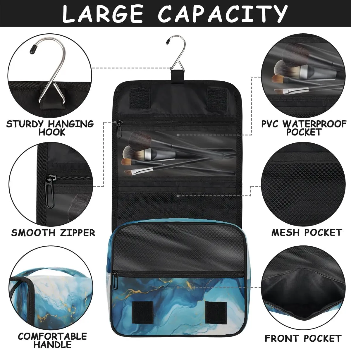 Hanging Travel Toiletry Bag Abstract Blue Marble Toiletry Bags with Hanging Hook Portable Cosmetic Bag Makeup Organizer for Travel Business Trip