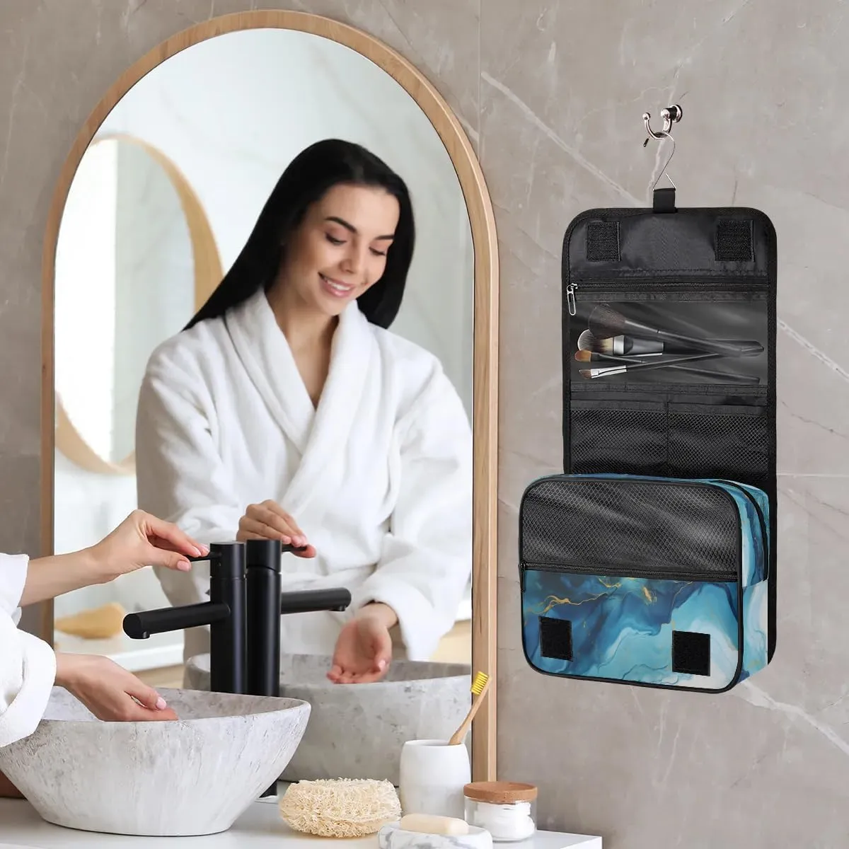 Hanging Travel Toiletry Bag Abstract Blue Marble Toiletry Bags with Hanging Hook Portable Cosmetic Bag Makeup Organizer for Travel Business Trip