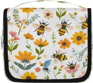 Hanging Travel Toiletry Bag Bees Flowers Toiletry Bags with Hanging Hook Portable Cosmetic Bag Makeup Organizer for Travel Business Trip